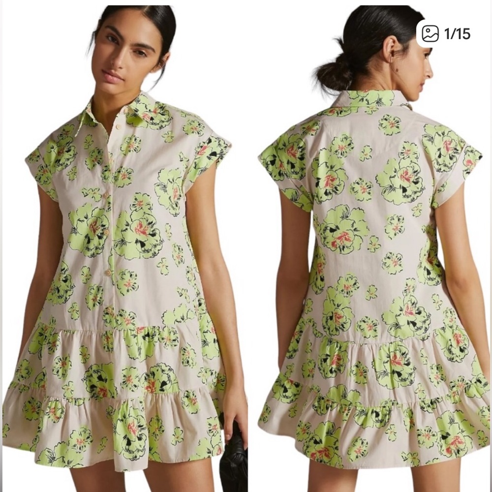 Anthropologie Maeve Swiss dot floral tiered shirt dress